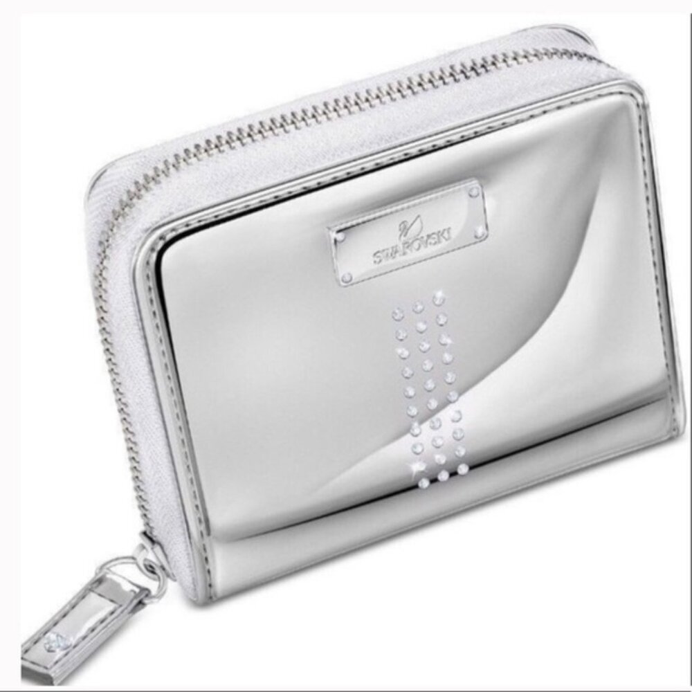 Swarovski Crystal Silver Metallic Leather Zippy Wallet Card Case Bag Swan Logo